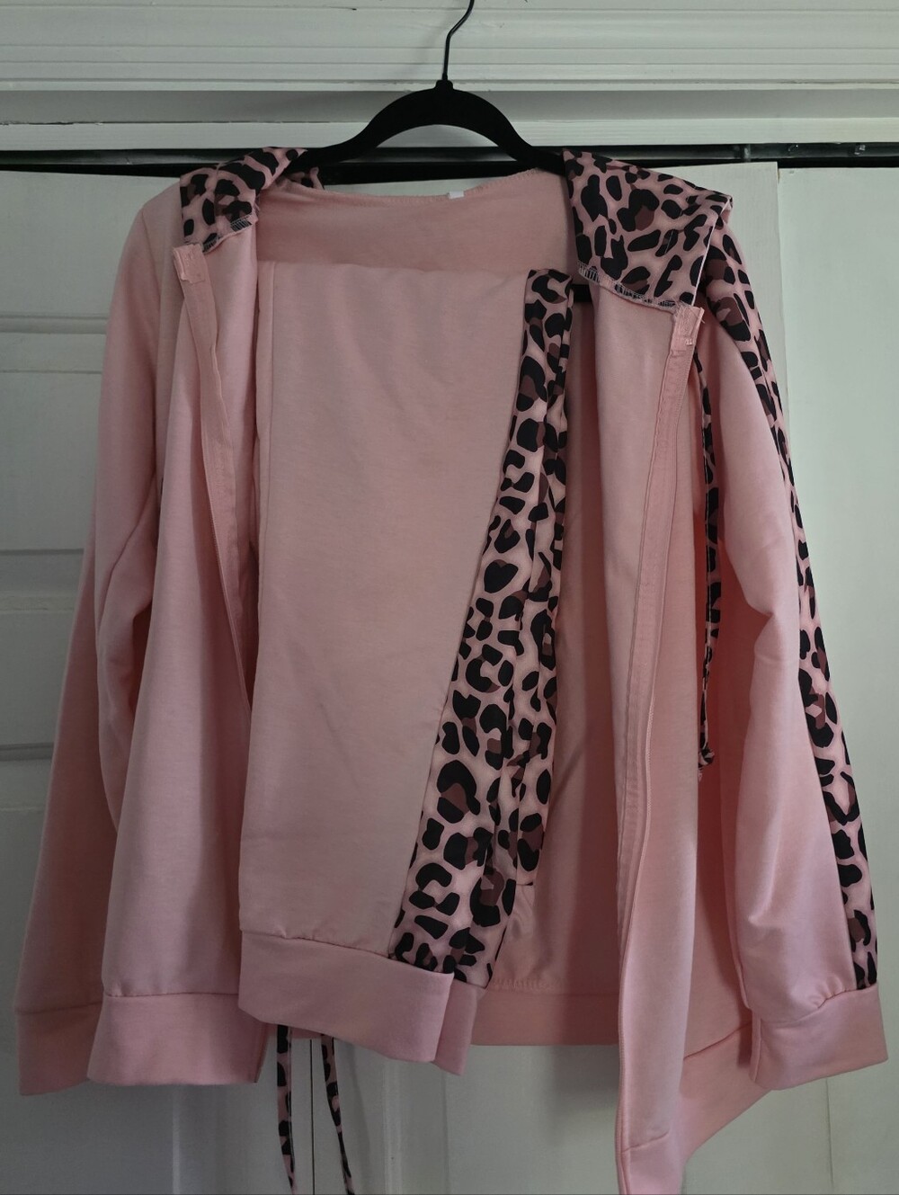 Pink Leopard Trim Hooded Sweat Set